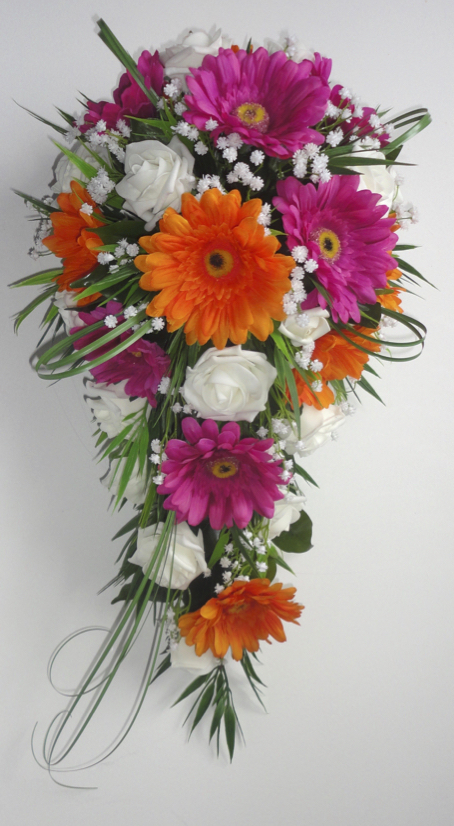 Orange, Cerise and Ivory Gerbera & Rose Wedding Bouquet